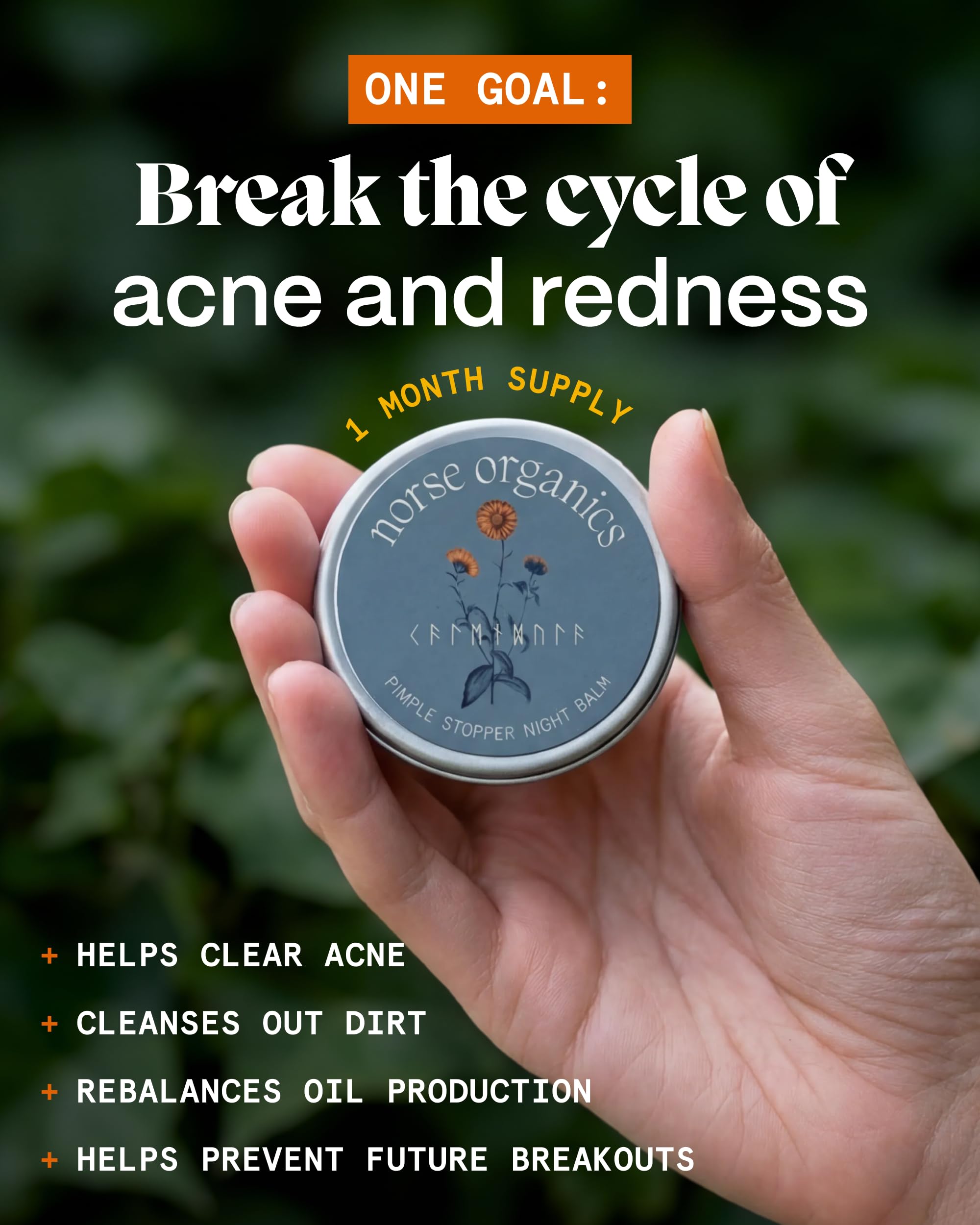 Norse Organics fingertip applying balm demonstrating precise spot treatment