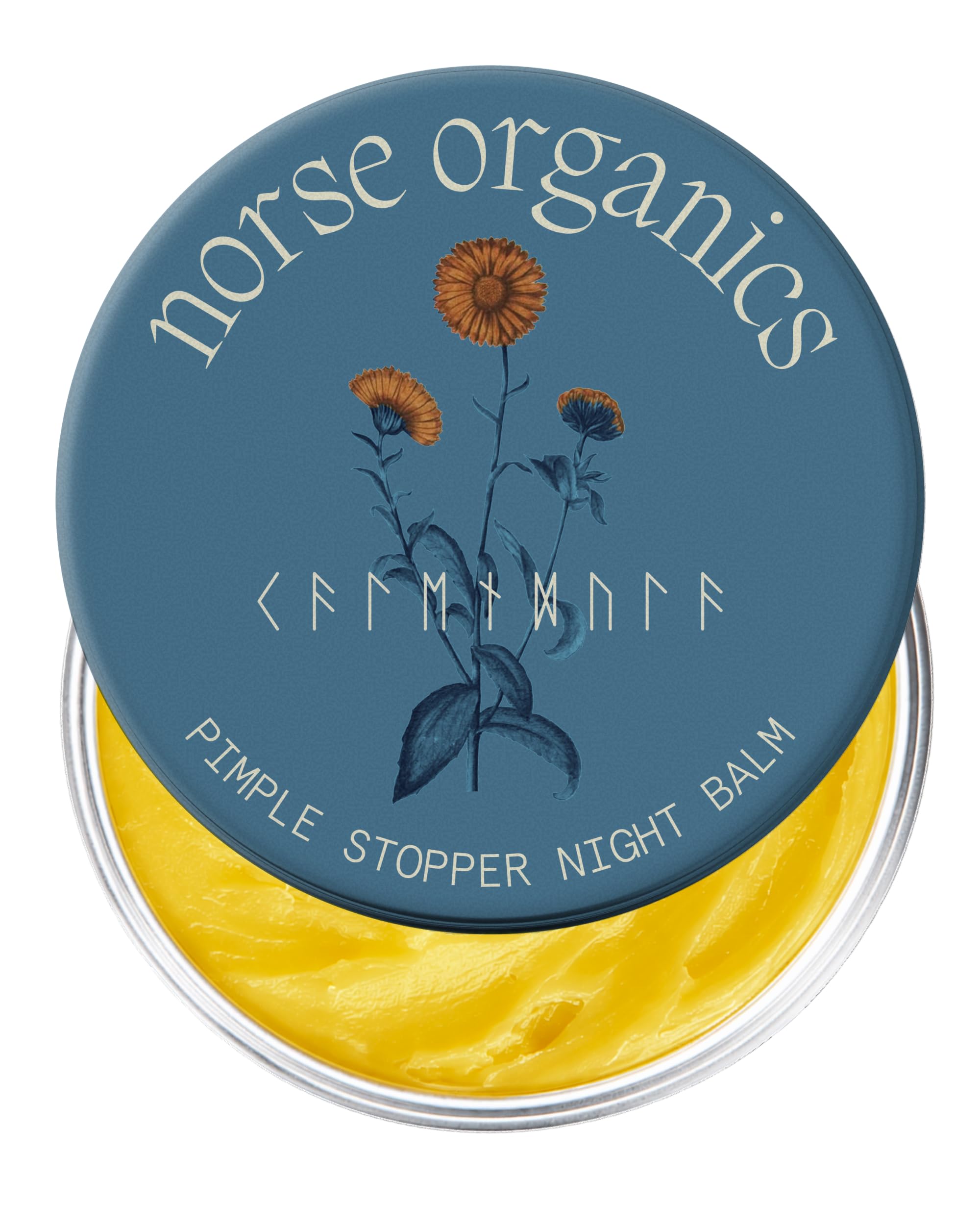 Norse Organics jar front view shows balm packaging and clear benefits