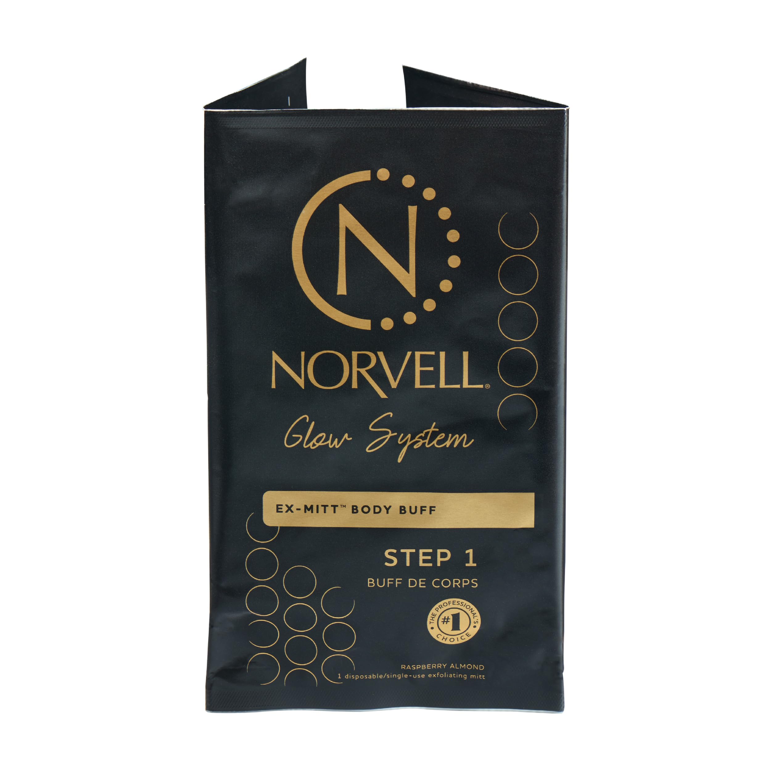 Norvell eXmitt front packaging showing single-use mitt and branding benefits