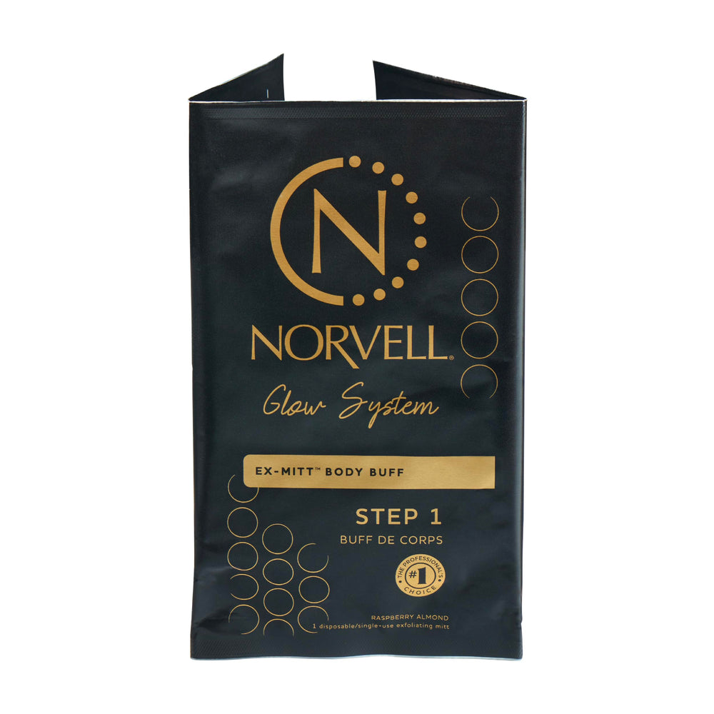 Norvell eXmitt front packaging showing single-use mitt and branding benefits