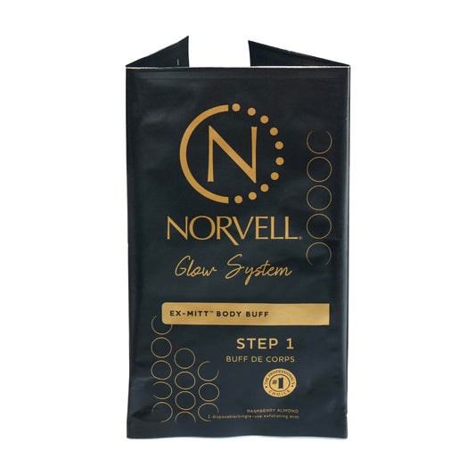 Norvell eXmitt front packaging showing single-use mitt and branding benefits