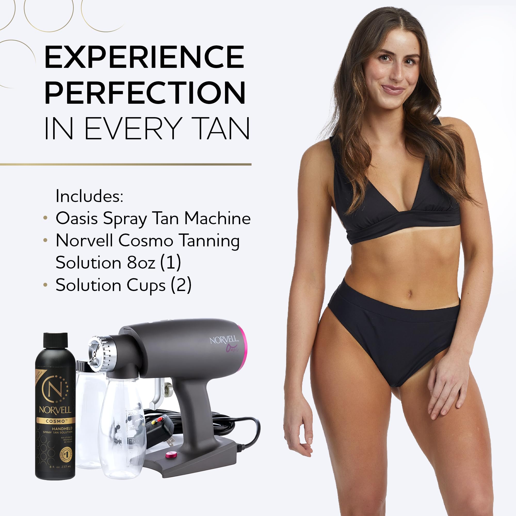 Norvell gun in hand applying spray tan demonstrating salon-quality coverage control