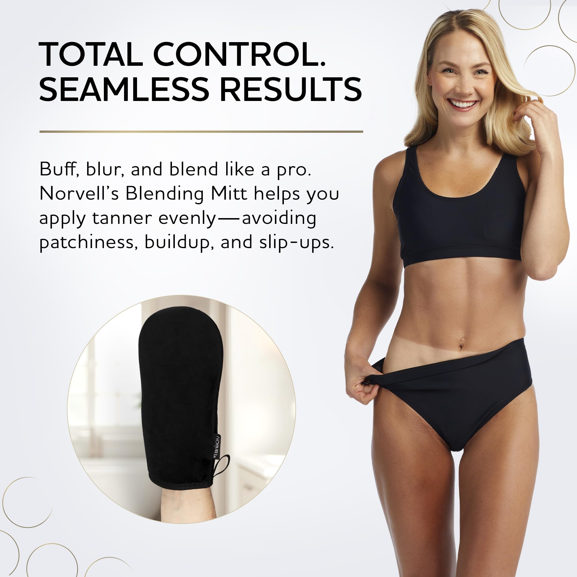 Norvell mitt in use on leg blending self-tanner for streak-free finish