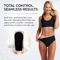 Norvell mitt in use on leg blending self-tanner for streak-free finish