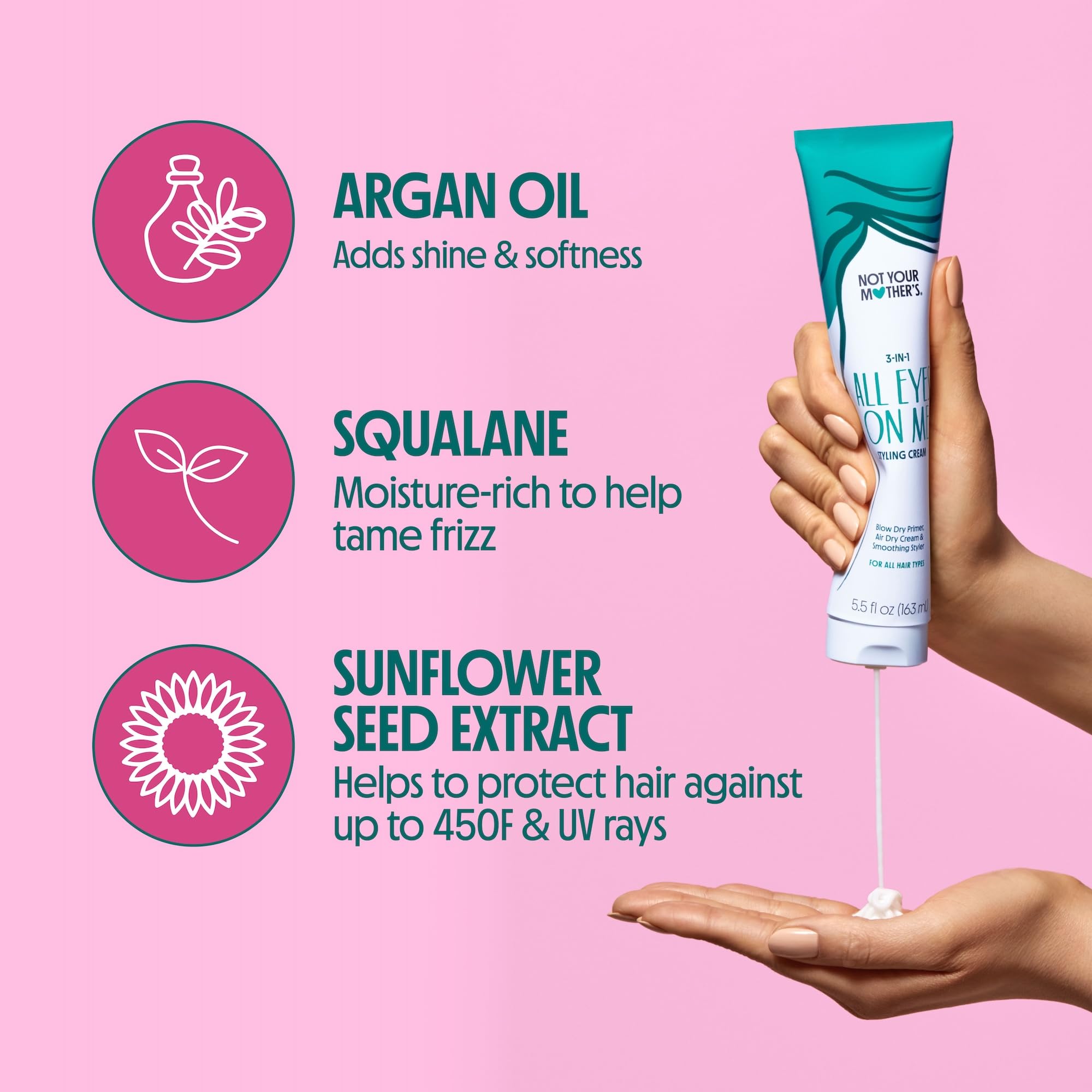 Not Your Mother's cream on hands ready to distribute for easier styling benefit
