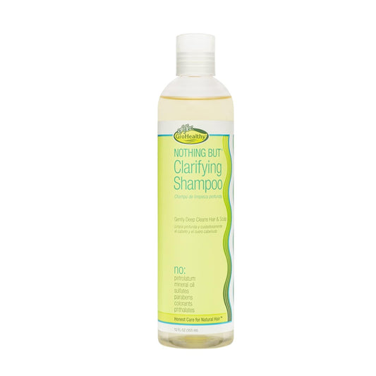NOTHING BUT clarifying shampoo front view showing 12oz bottle and clear packaging benefit: clear, honest presentation