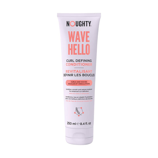 Noughty bottle front view showing label and 8.4fl oz size, promotes curl definition