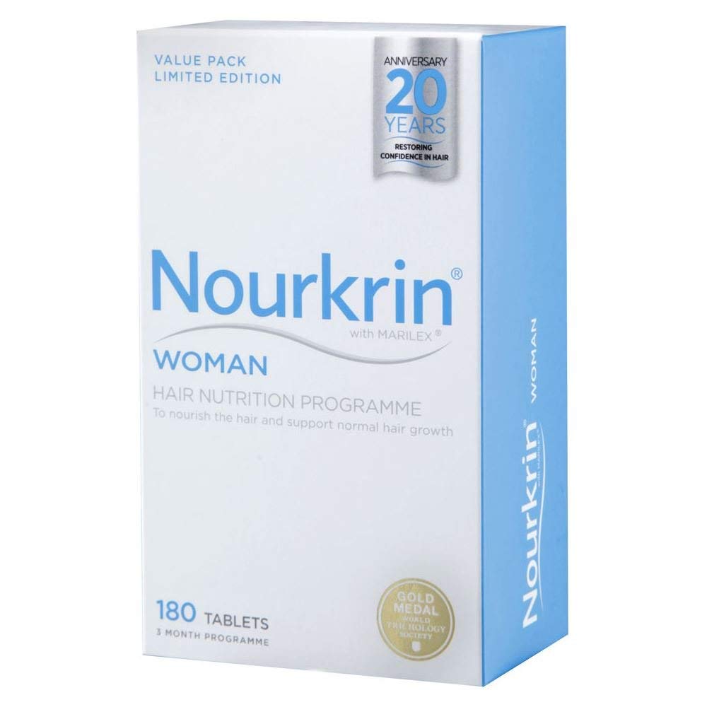 Nourkrin woman front packaging showing tablets and product benefit
