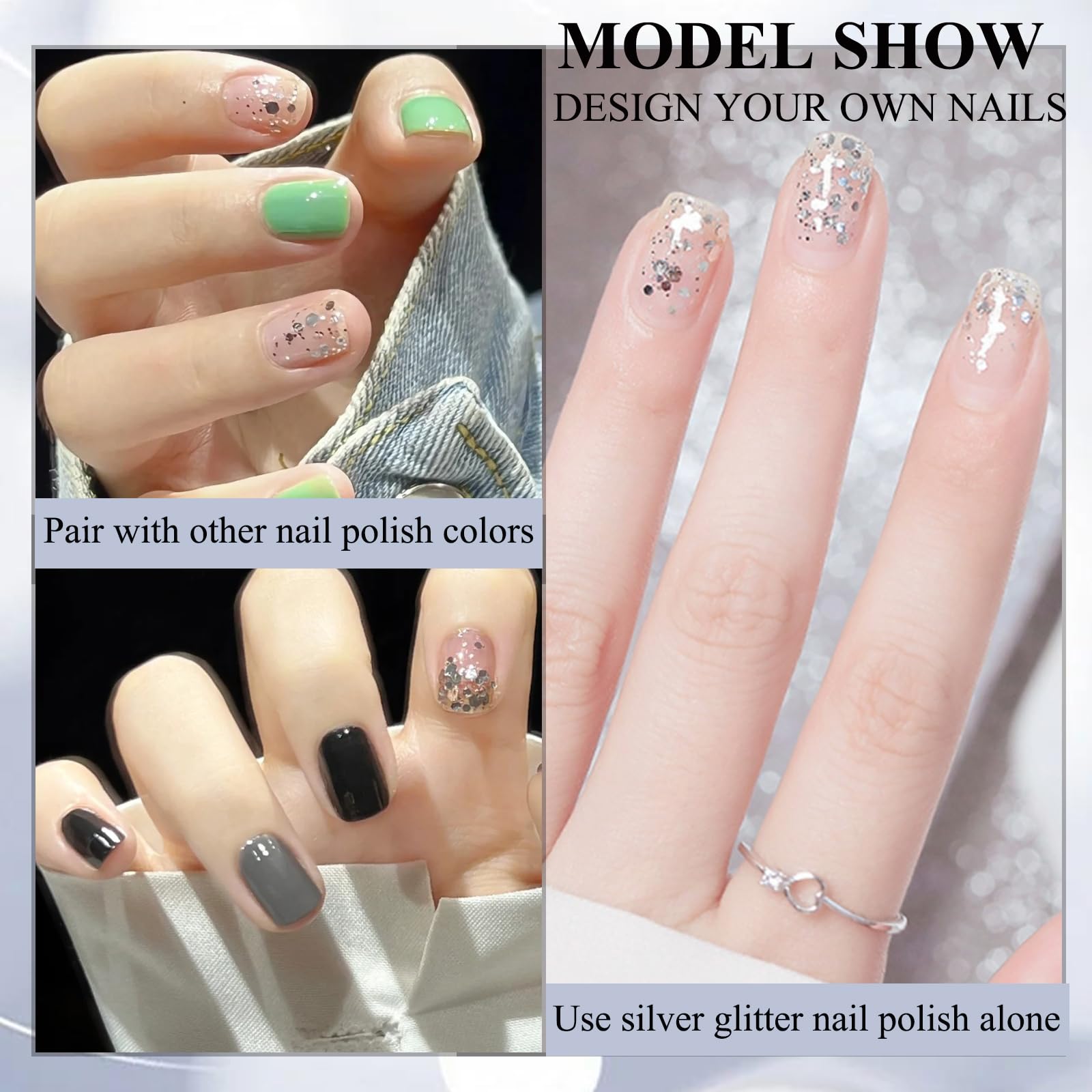 NovaCharm before and after nails demonstrating dramatic sparkle transformation