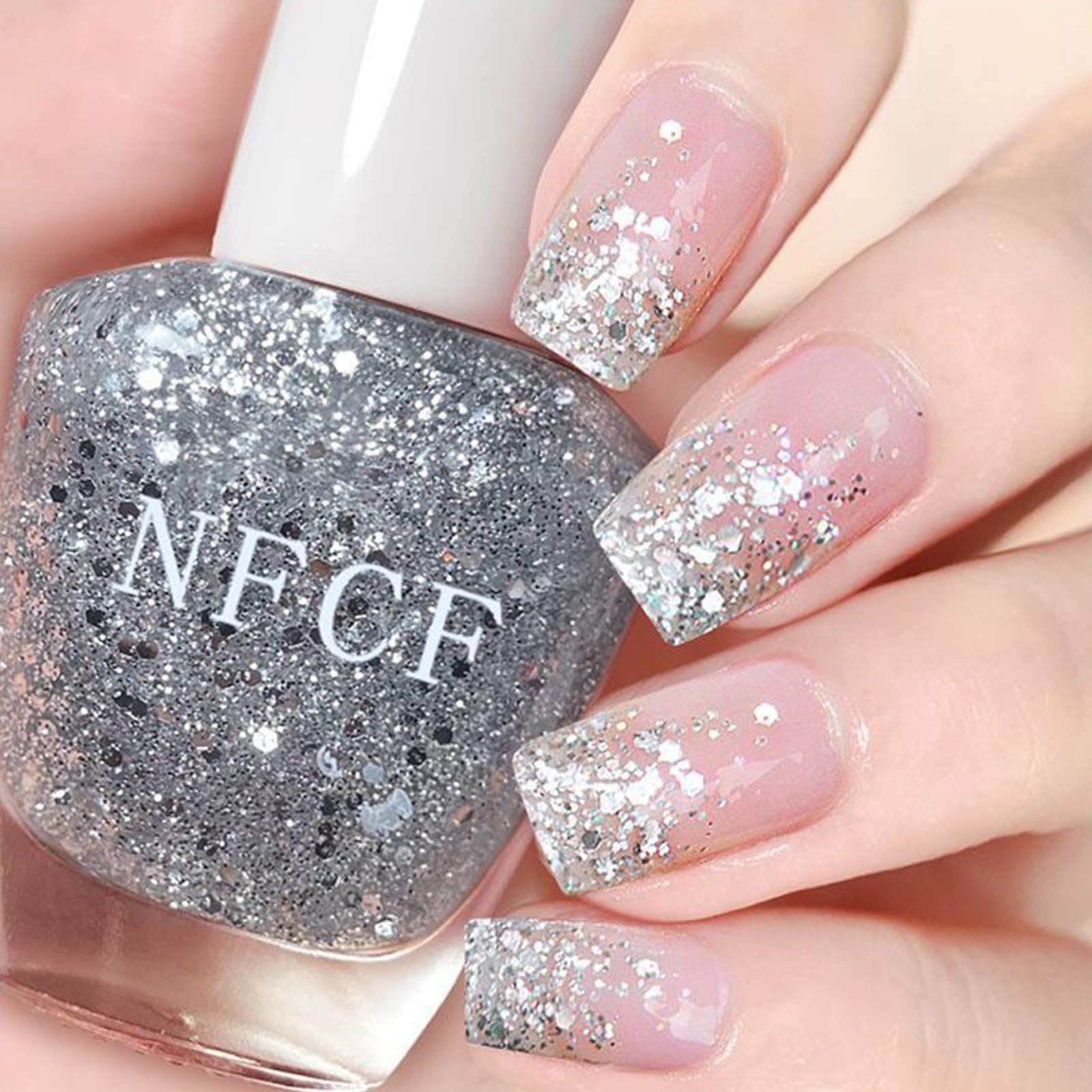 NovaCharm front bottle view showing silver glitter and clear gel for instant sparkle