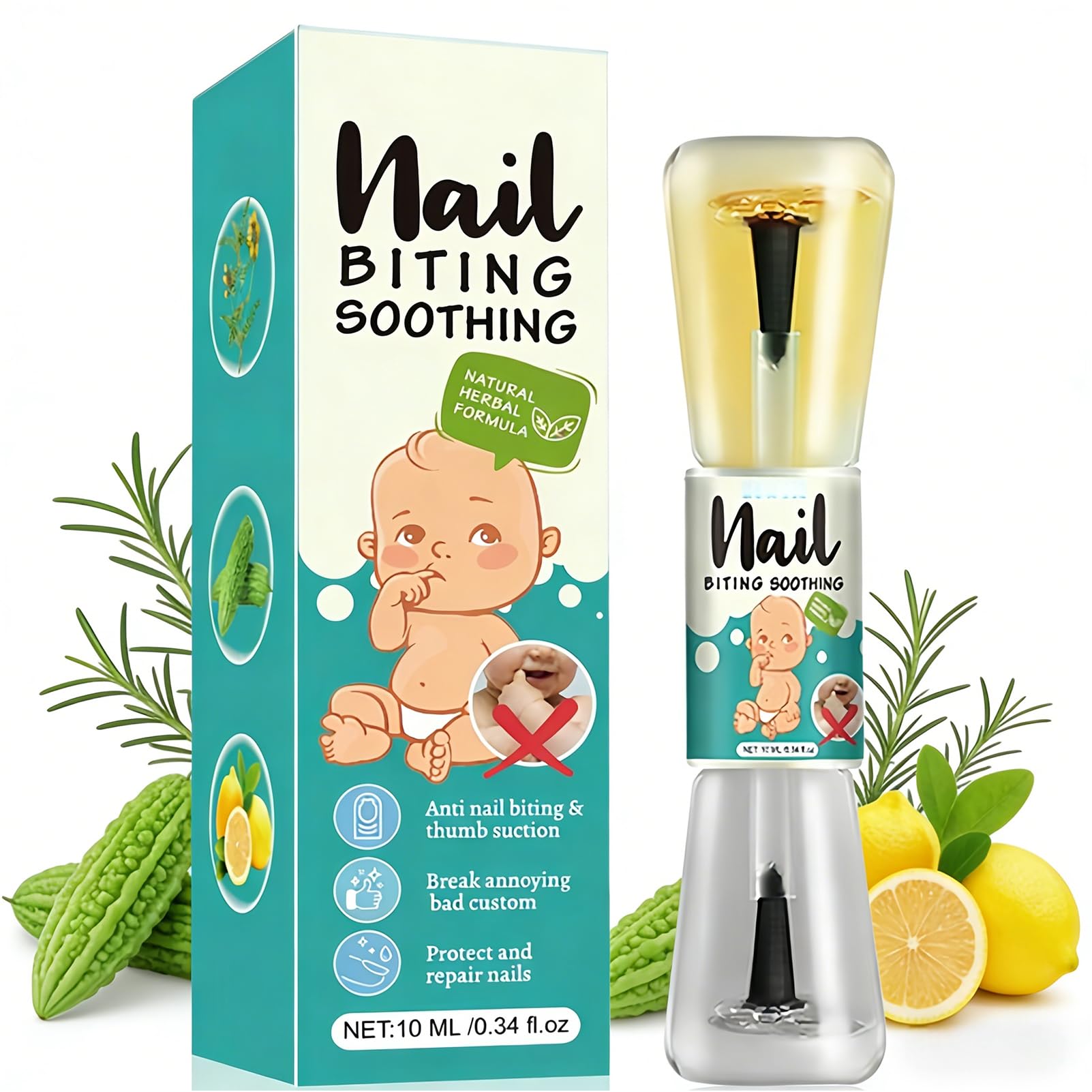 NovaCharm front bottle showing clear 10ml bitter polish and child-safe design