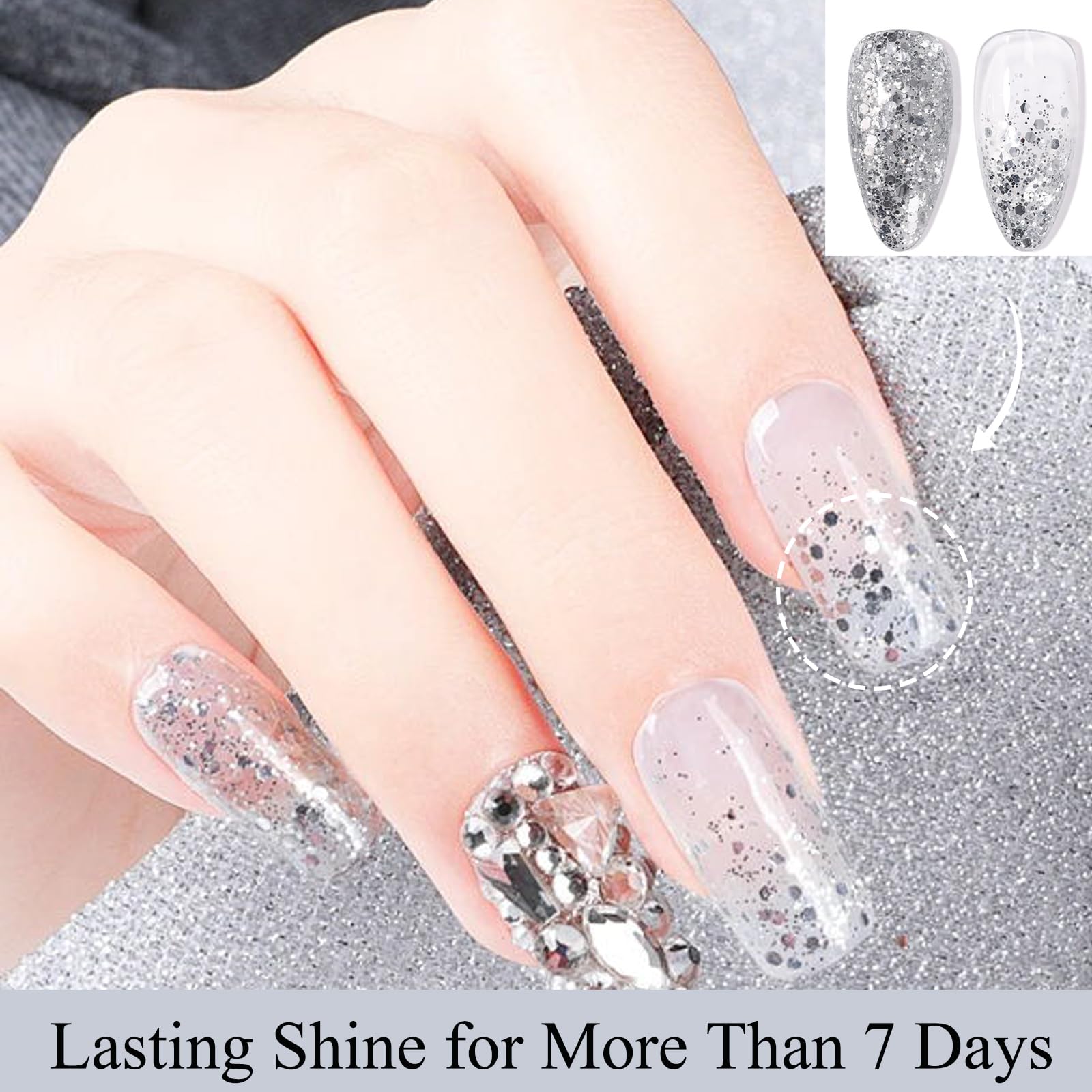 NovaCharm on manicured hand showing reflective sparkle and long-lasting finish