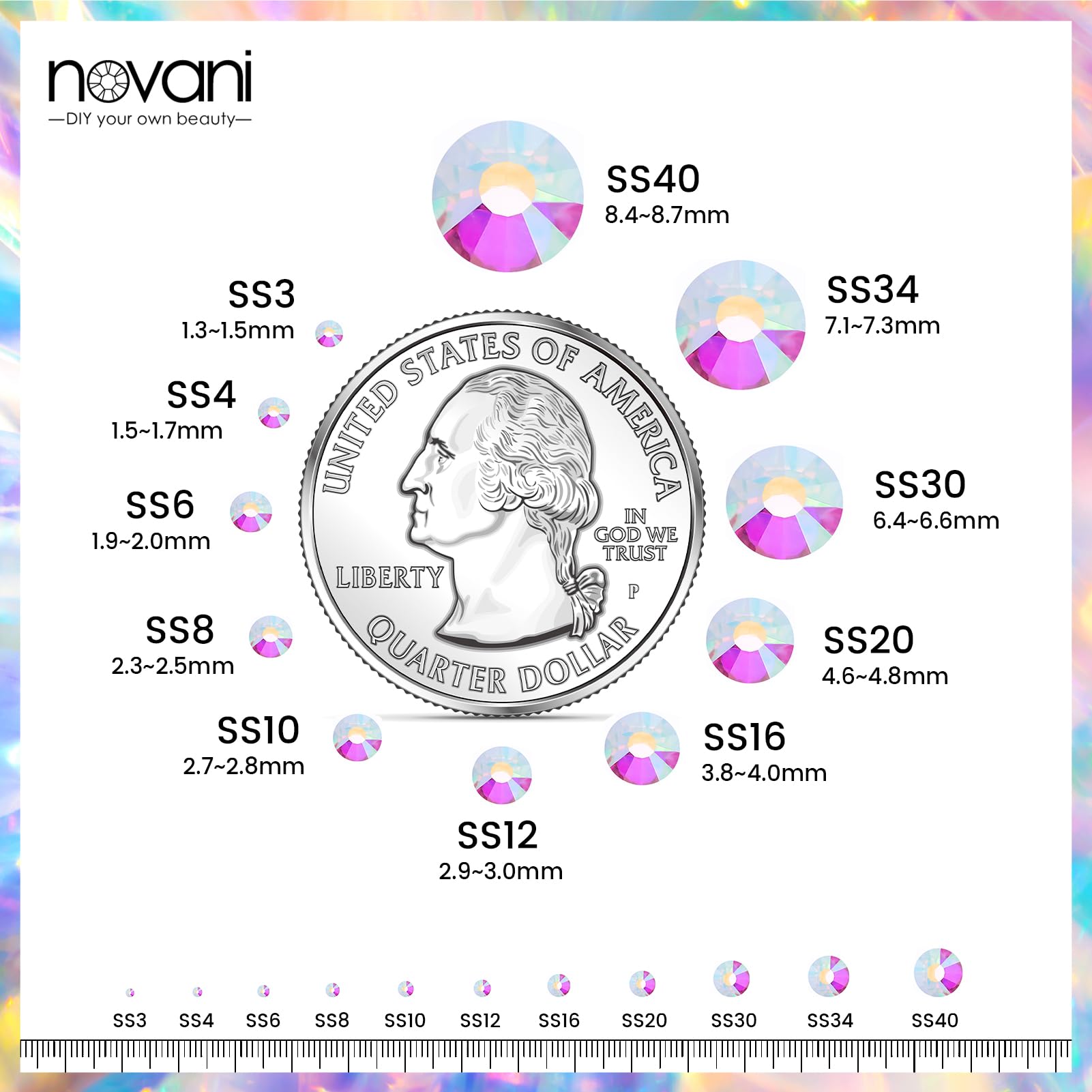 novani gemstones held in hand showing SS20 scale and placement ease