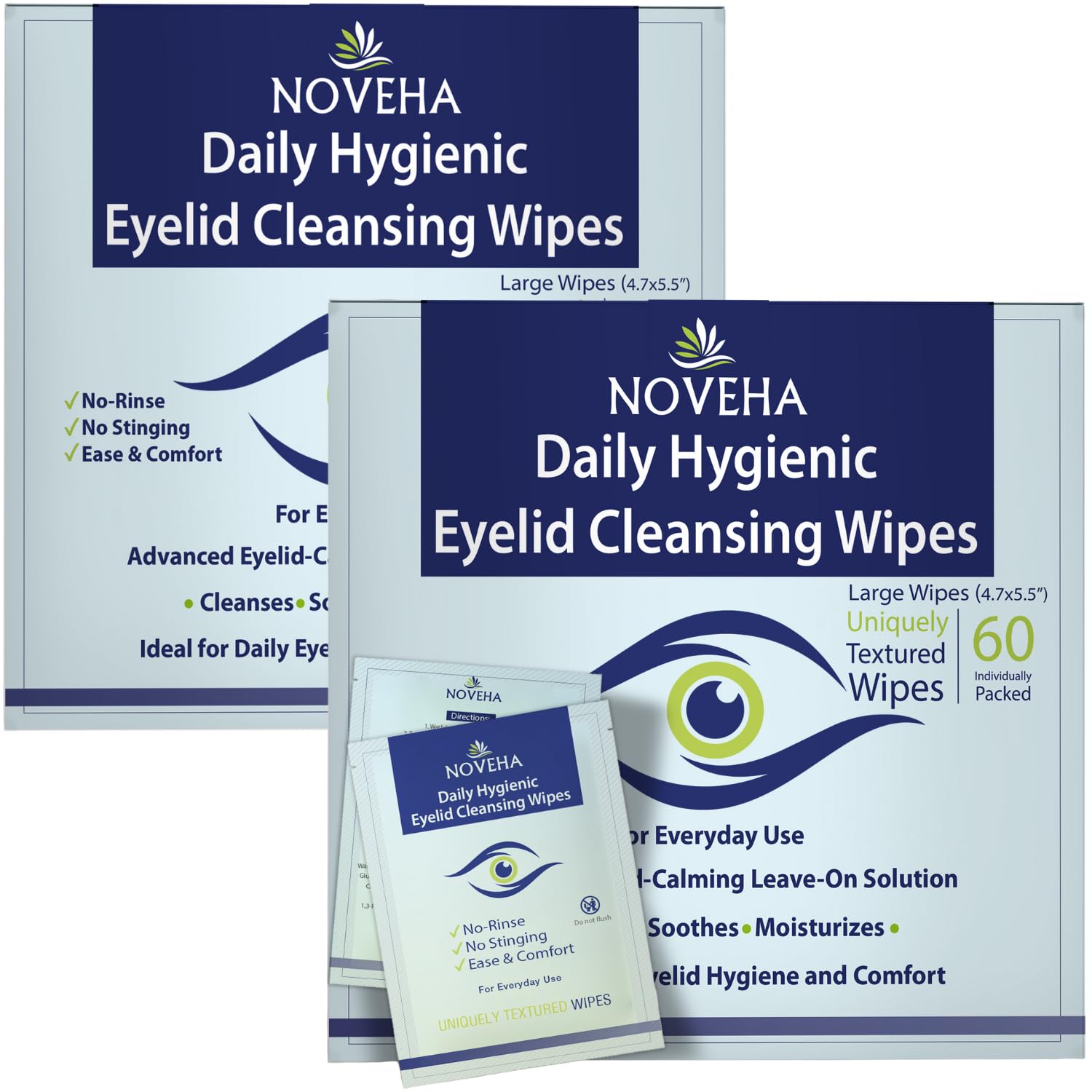 NOVEHA front packaging showing 120 individually wrapped eyelid wipes for gentle cleansing