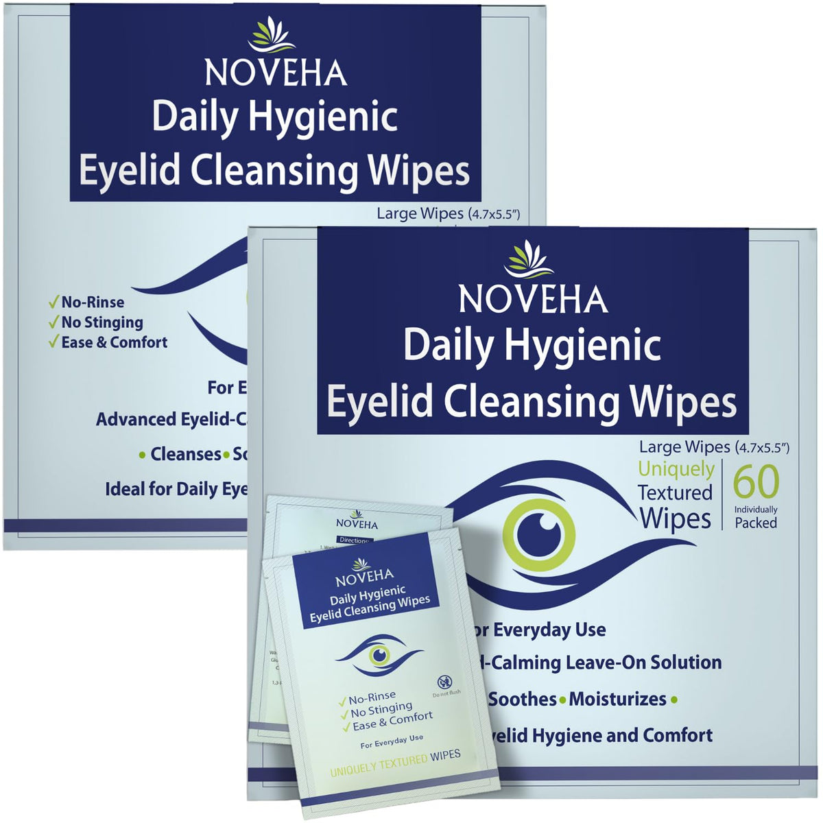 NOVEHA front packaging showing 120 individually wrapped eyelid wipes for gentle cleansing