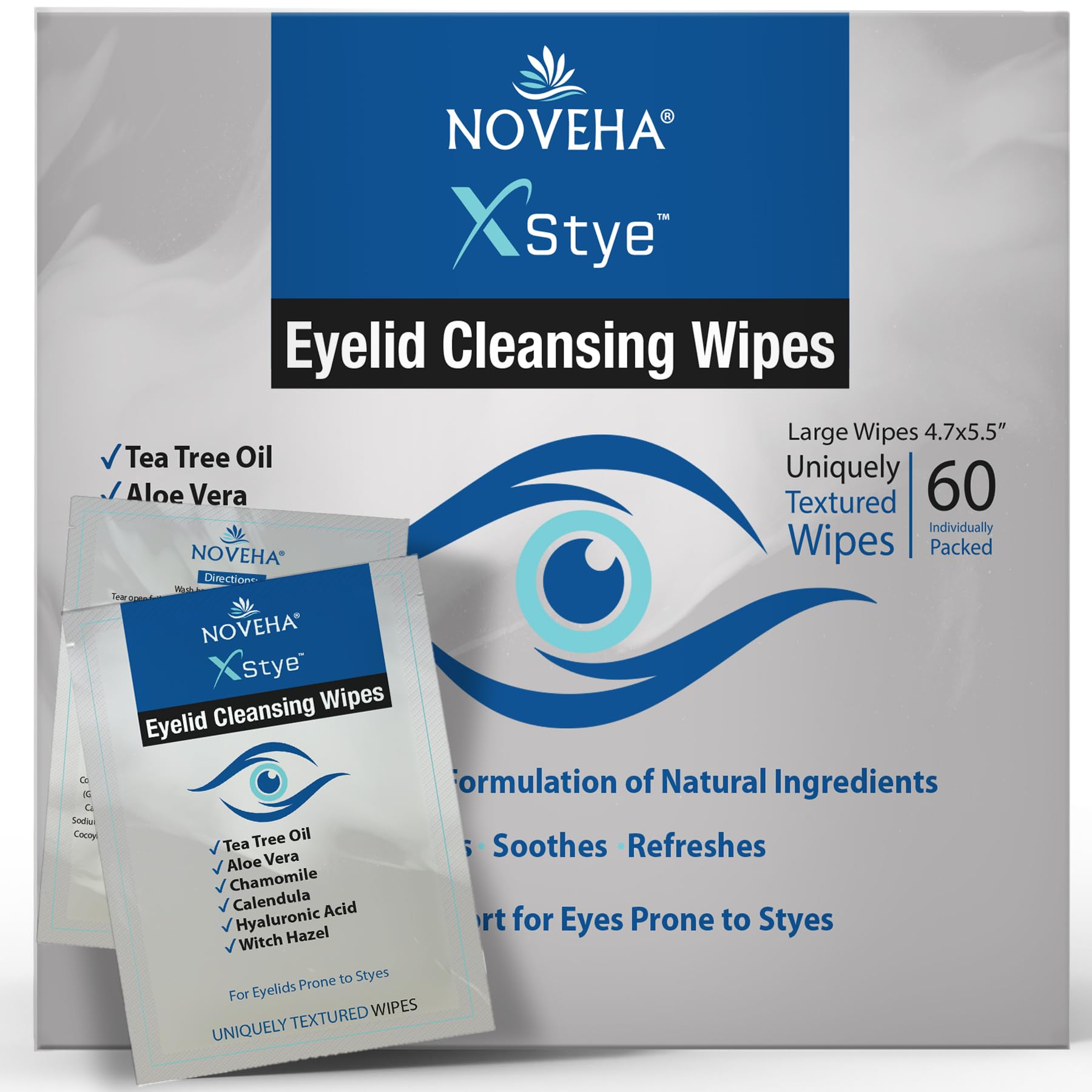 NOVEHA front packaging showing 60 wipes and key benefits