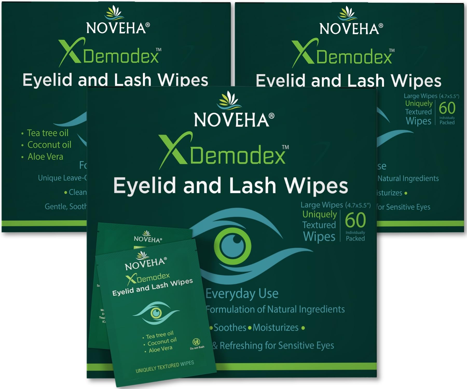 NOVEHA front packaging showing box of 60 wipes and brand benefit