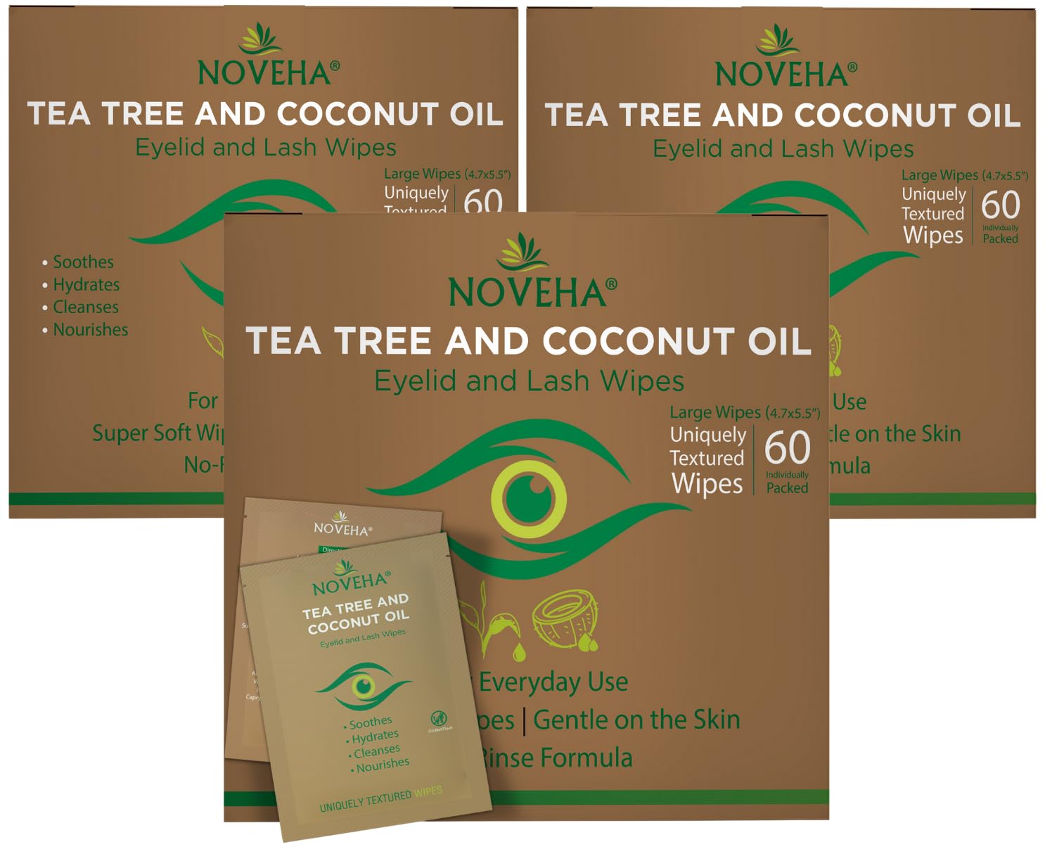 NOVEHA front packaging showing 180 wipes and product benefits for easy identification