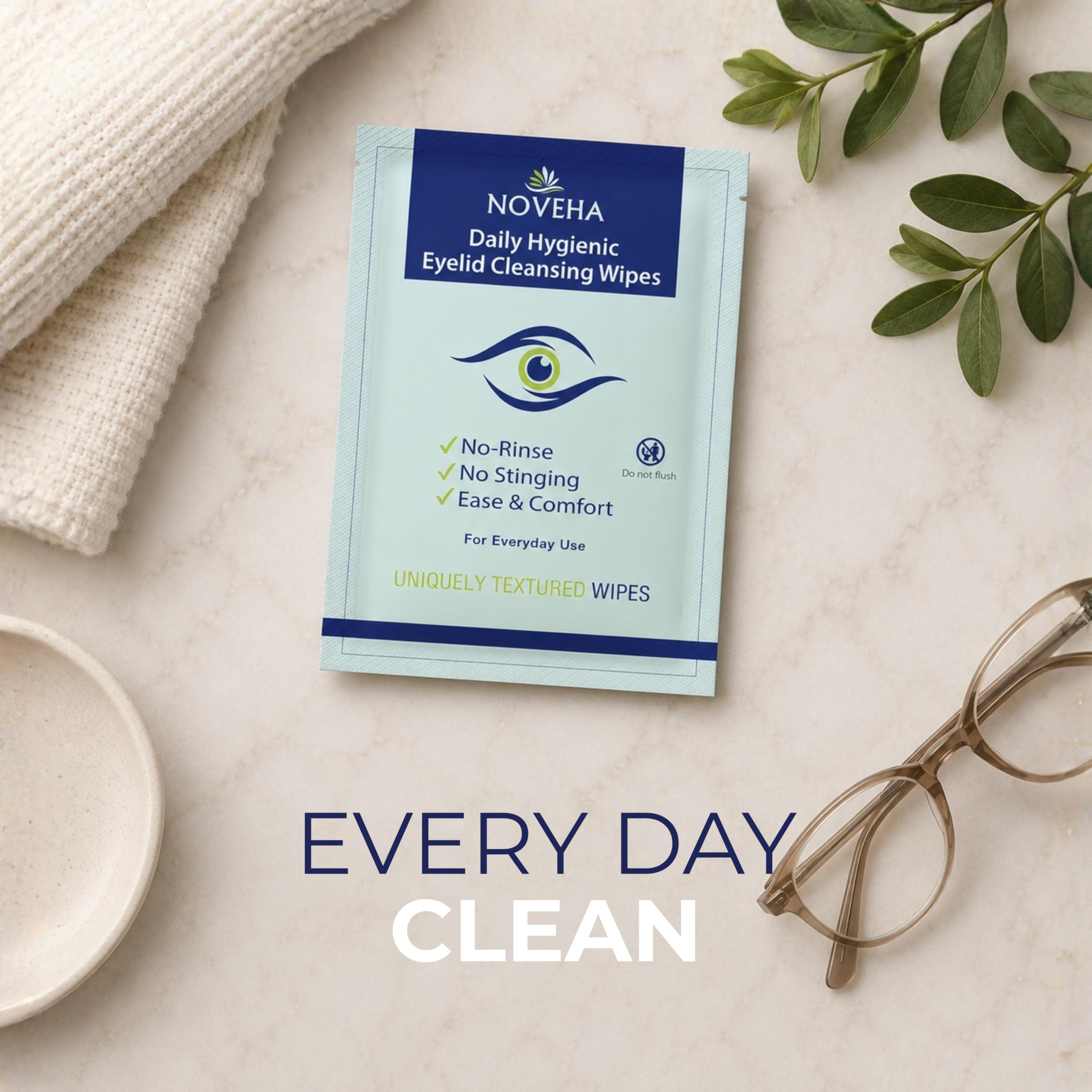 NOVEHA label close-up highlighting hypoallergenic, alcohol-free formula benefits