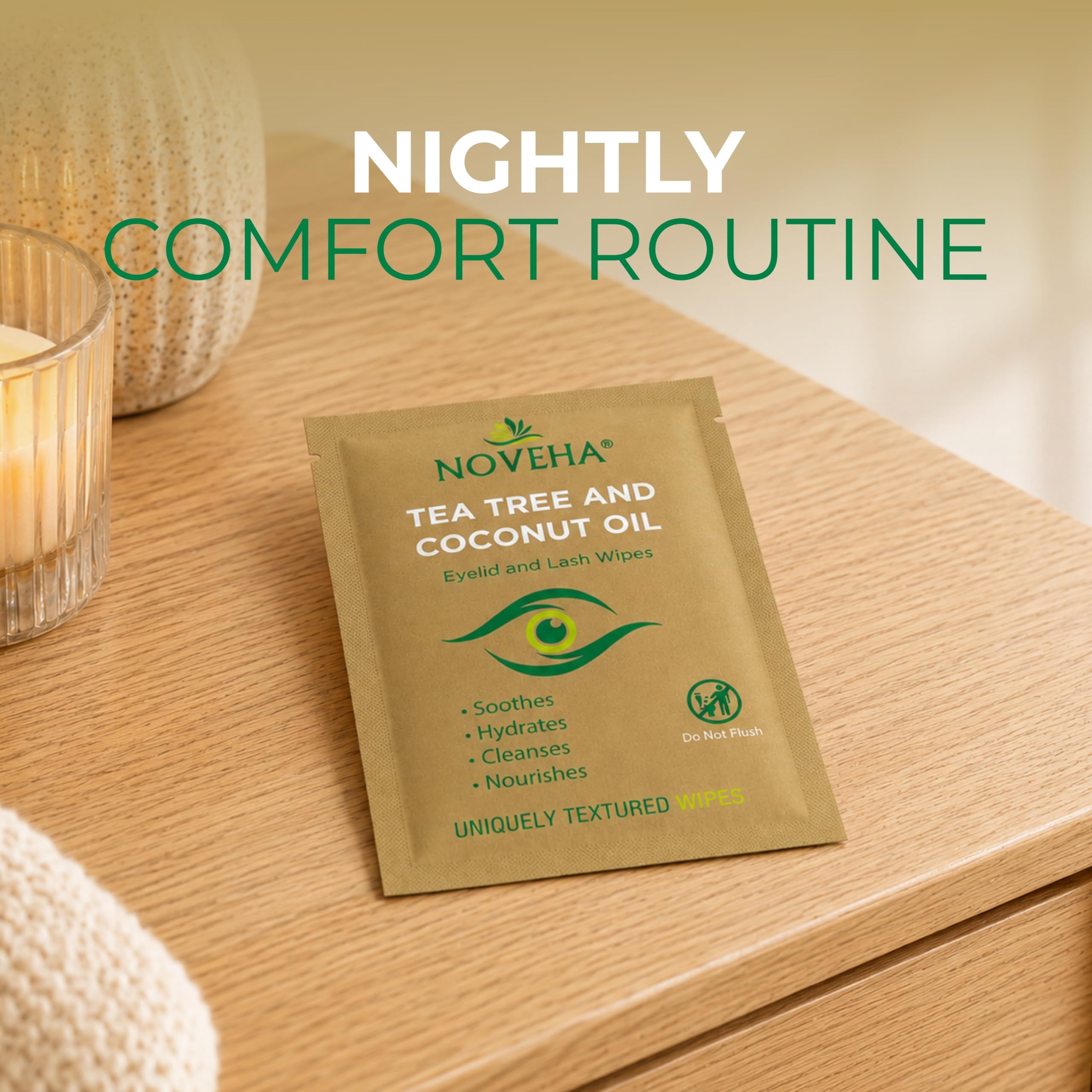 NOVEHA opened packaging showing multiple sealed sachets for travel convenience