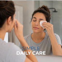 NOVEHA wipe used on eyelid of model demonstrating gentle cleansing