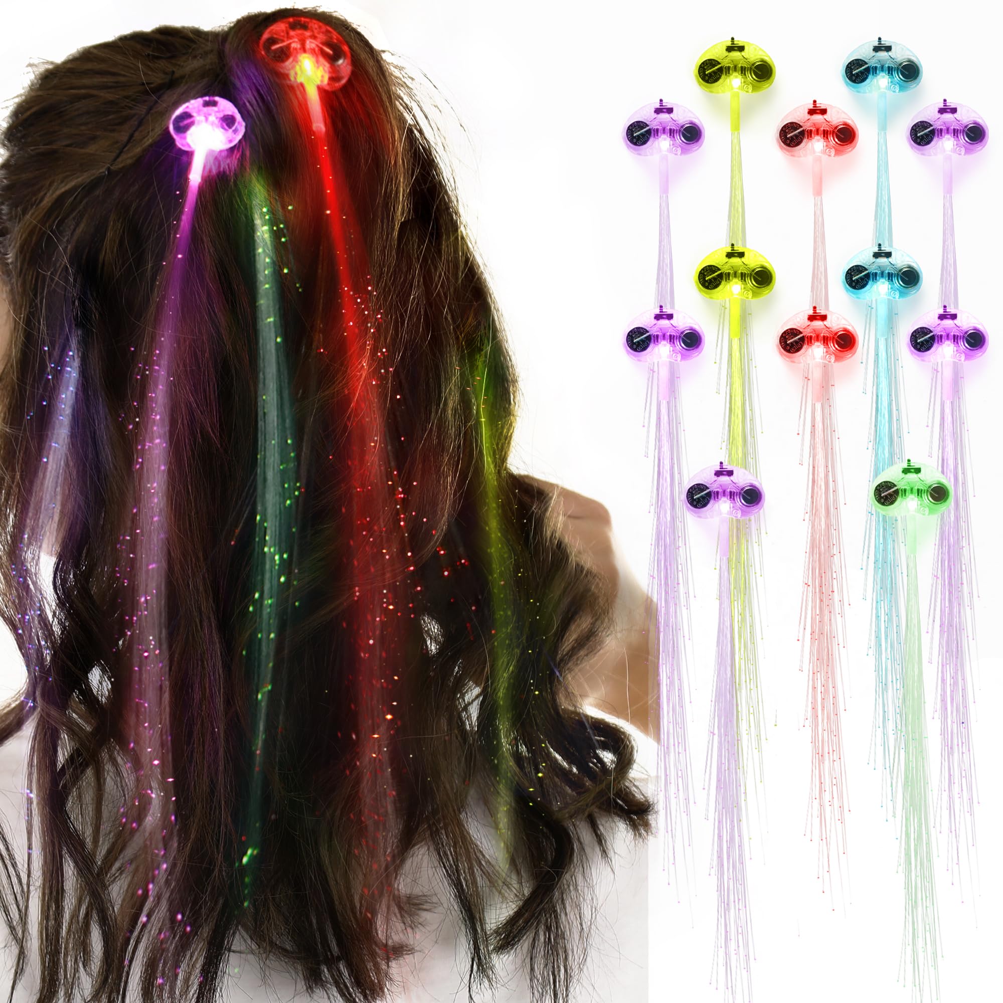 Novelty Place front packaging showing 12 clip-on LED hair extensions and benefits