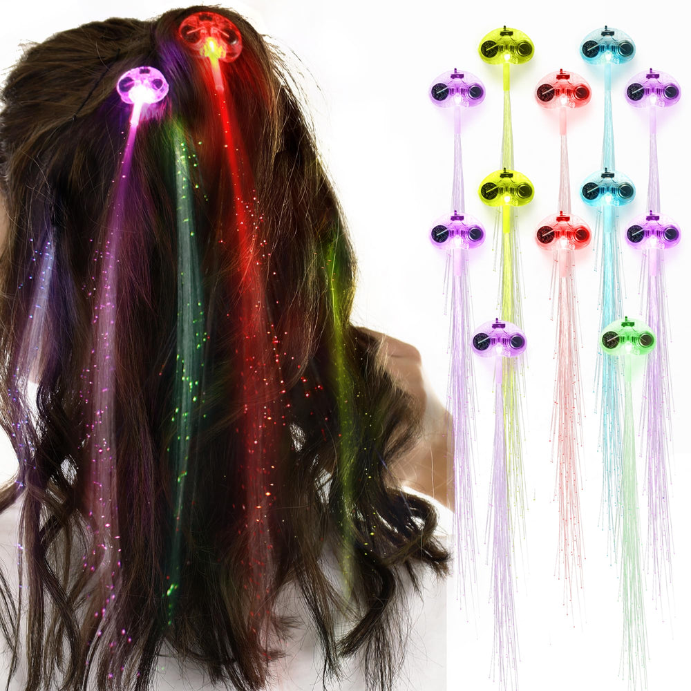 Novelty Place front packaging showing 12 clip-on LED hair extensions and benefits