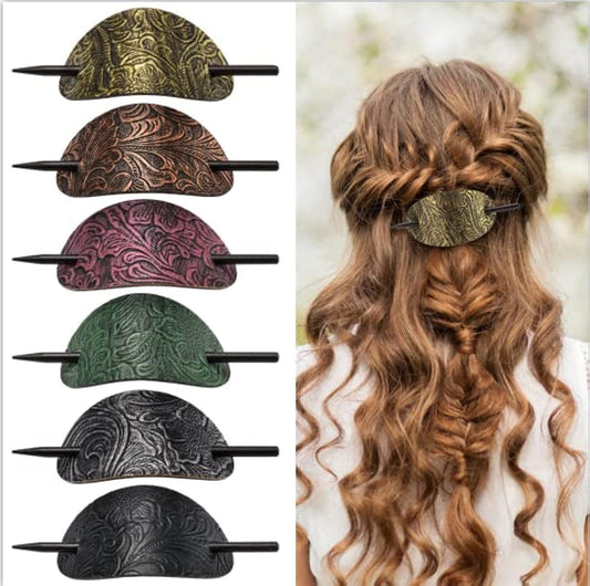 Noverlife front view of six oval faux leather barrettes showing color variety and convenience