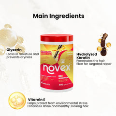 NOVEX side-by-side before and after smoothing showing reduced frizz and shine