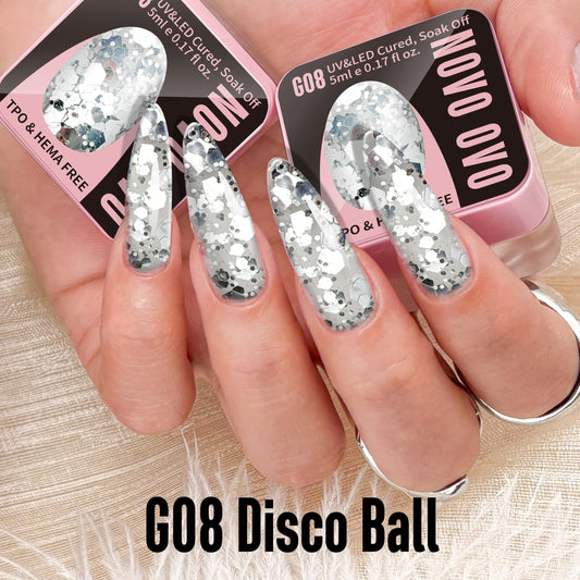 NOVO OVO close-up of chunky glitter texture highlighting sparkle