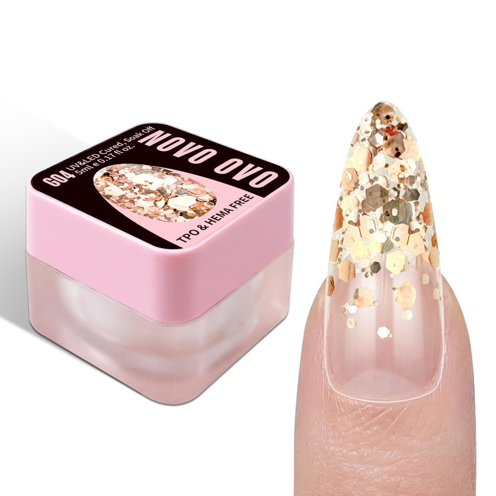 NOVO OVO front jar showing G04 Champagne Toast and high-density sparkle benefit