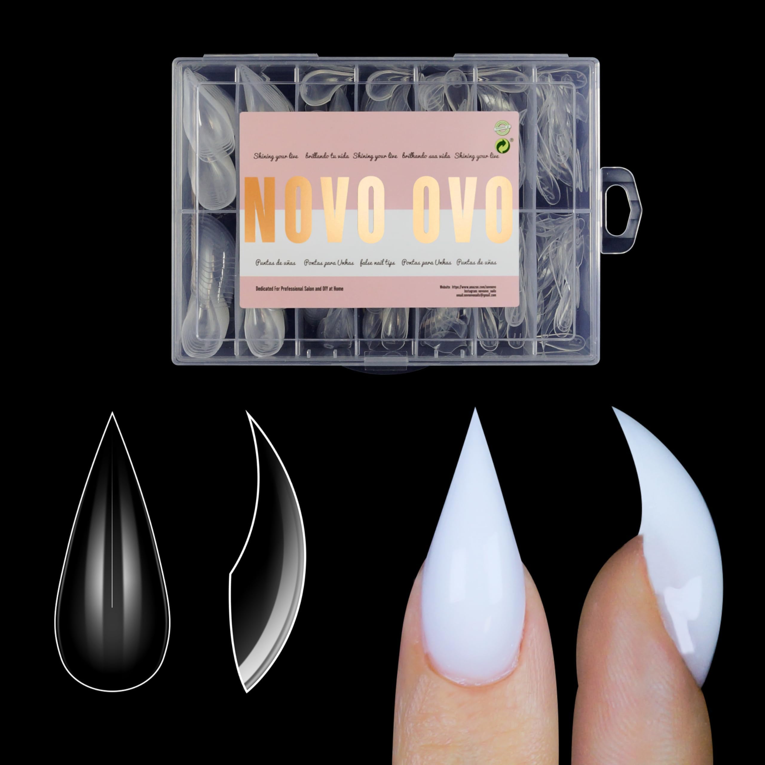 NOVO OVO front packaging showing 280-piece cat claw dual form set and benefits