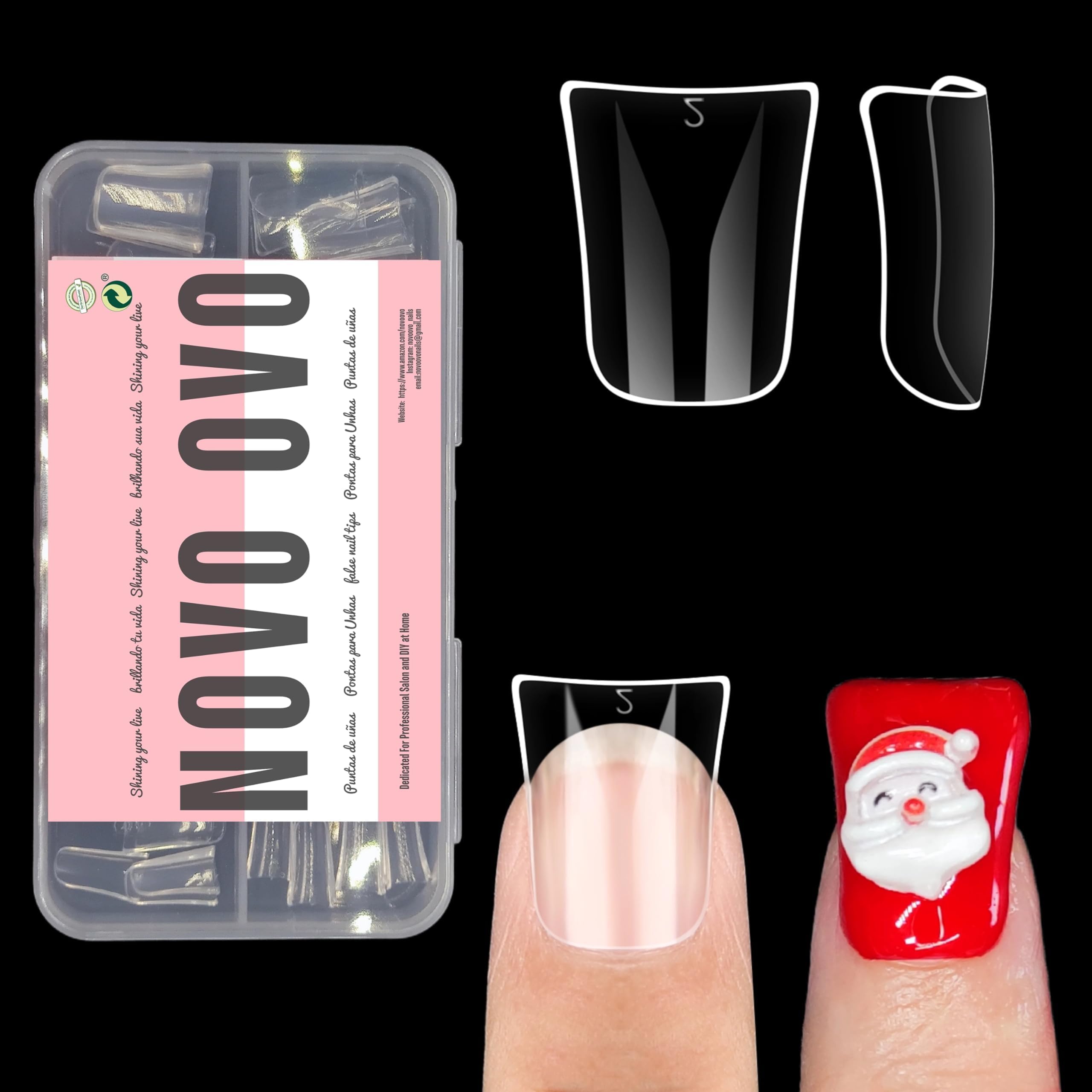 NOVO OVO front packaging showing clear full-coverage tips and set count