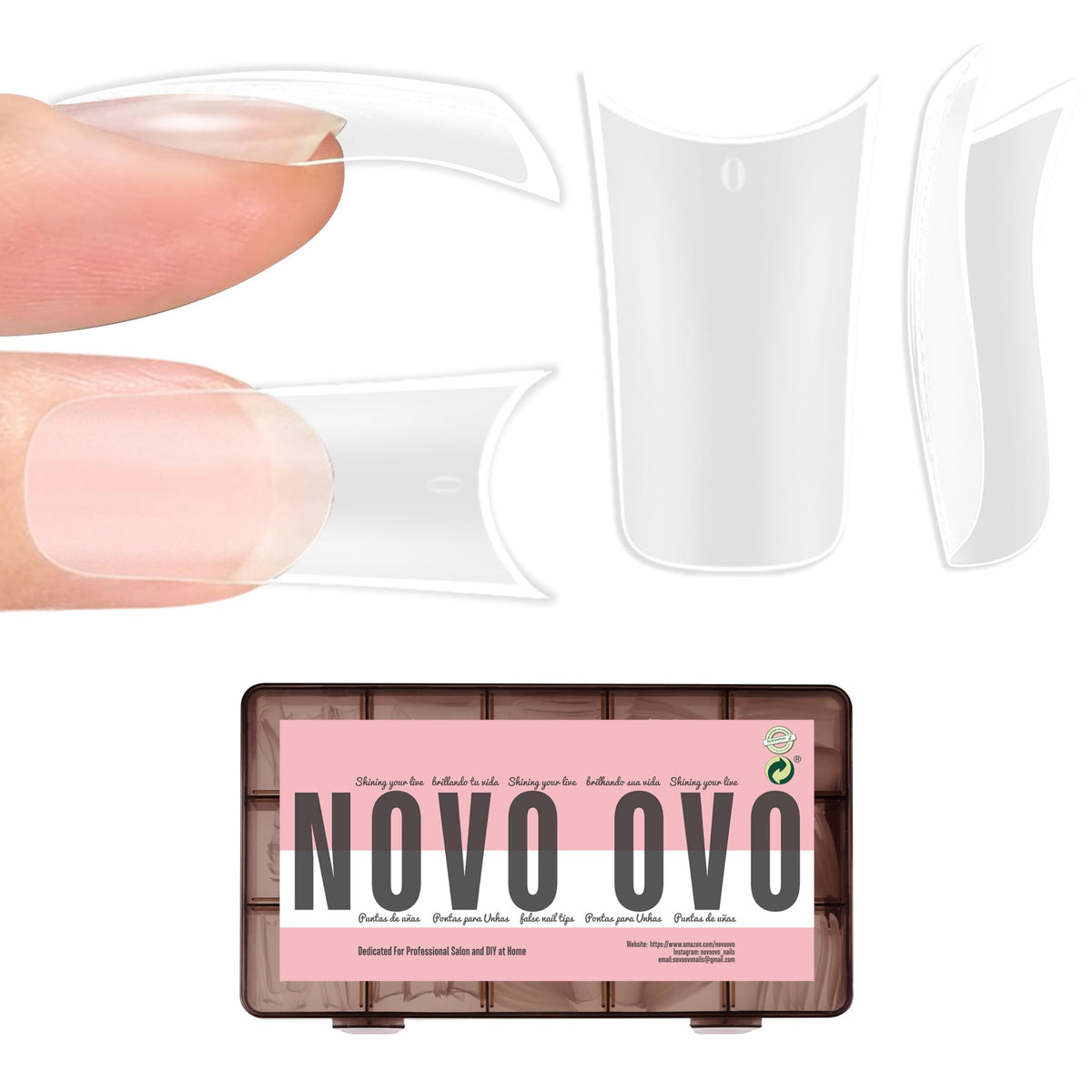 NOVO OVO front packaging showing 150-piece duck feet nail tips and quick benefits