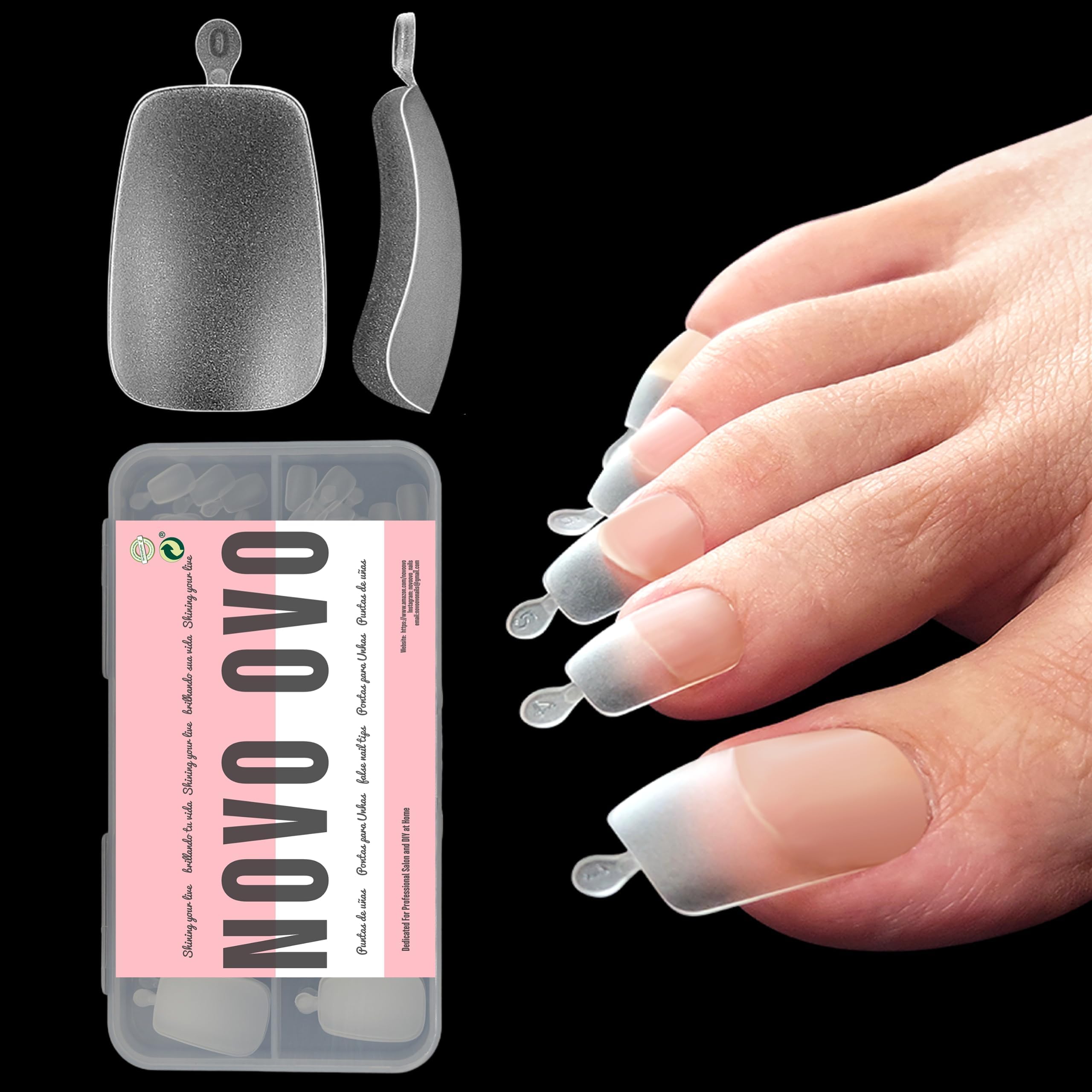 NOVO OVO front packaging showing 120 long toe nail tips and sizes benefit organized set