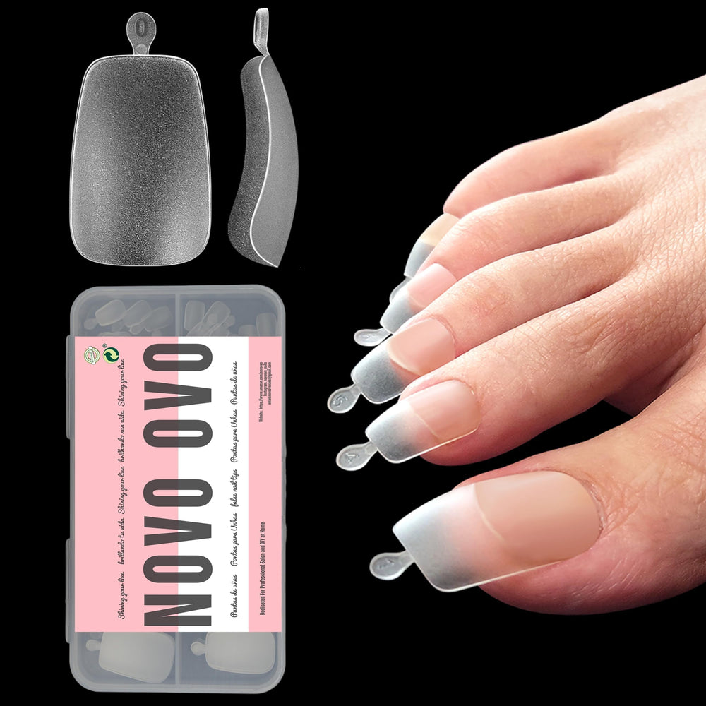NOVO OVO front packaging showing 120 long toe nail tips and sizes benefit organized set