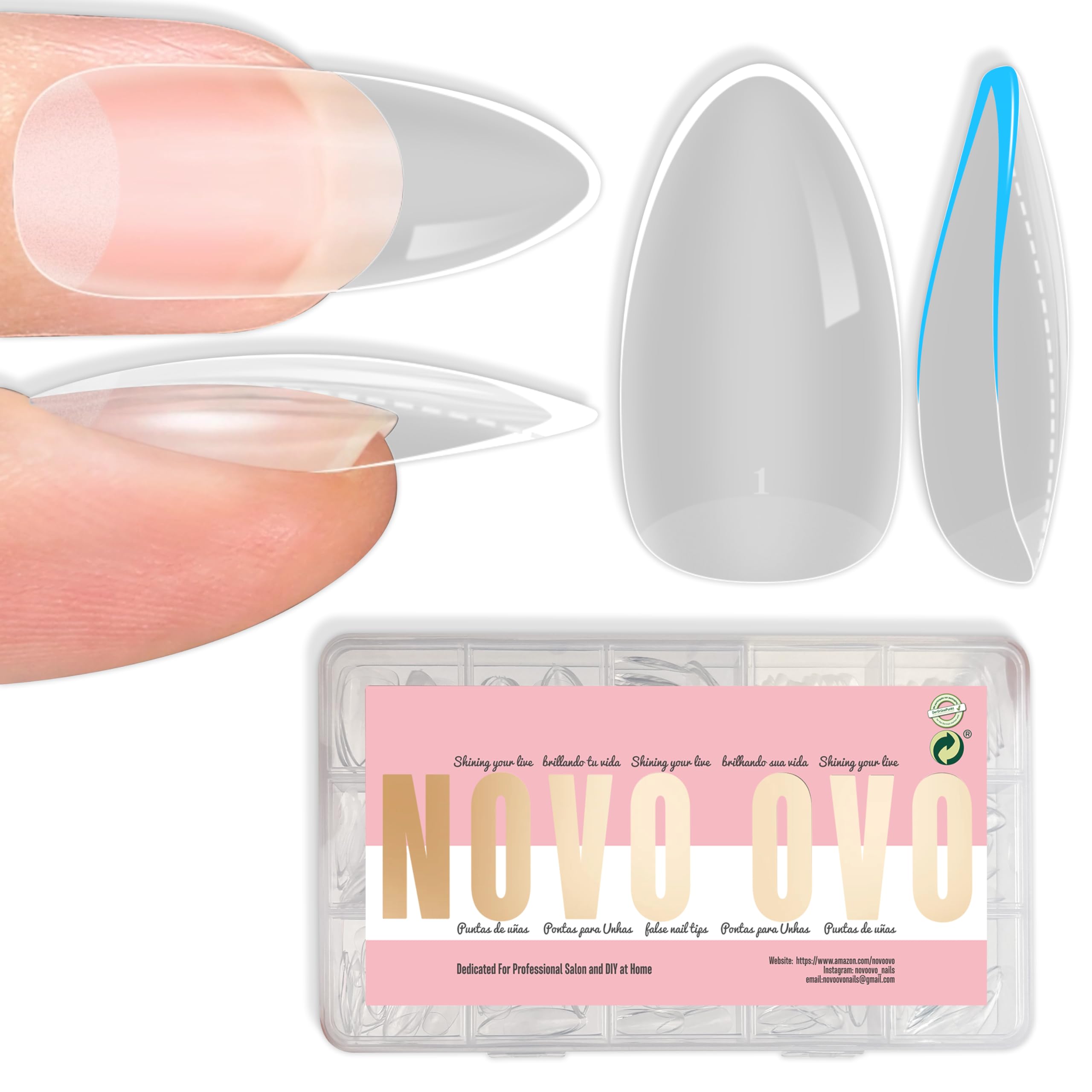 NOVO OVO front packaging showing 224-piece medium almond kit and clear label benefits
