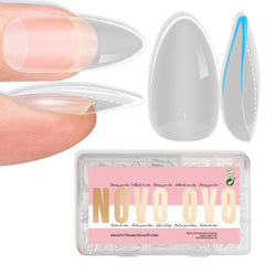 NOVO OVO front packaging showing 224-piece medium almond kit and clear label benefits
