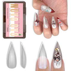 NOVO OVO front packaging showing 224-piece stiletto set and clear benefits