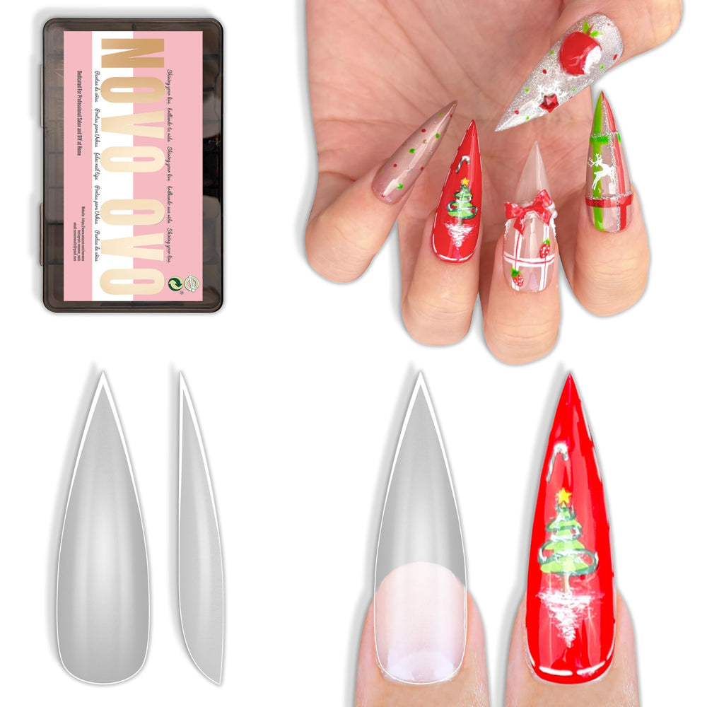 NOVO OVO front packaging showing 224-piece stiletto kit and clear benefits