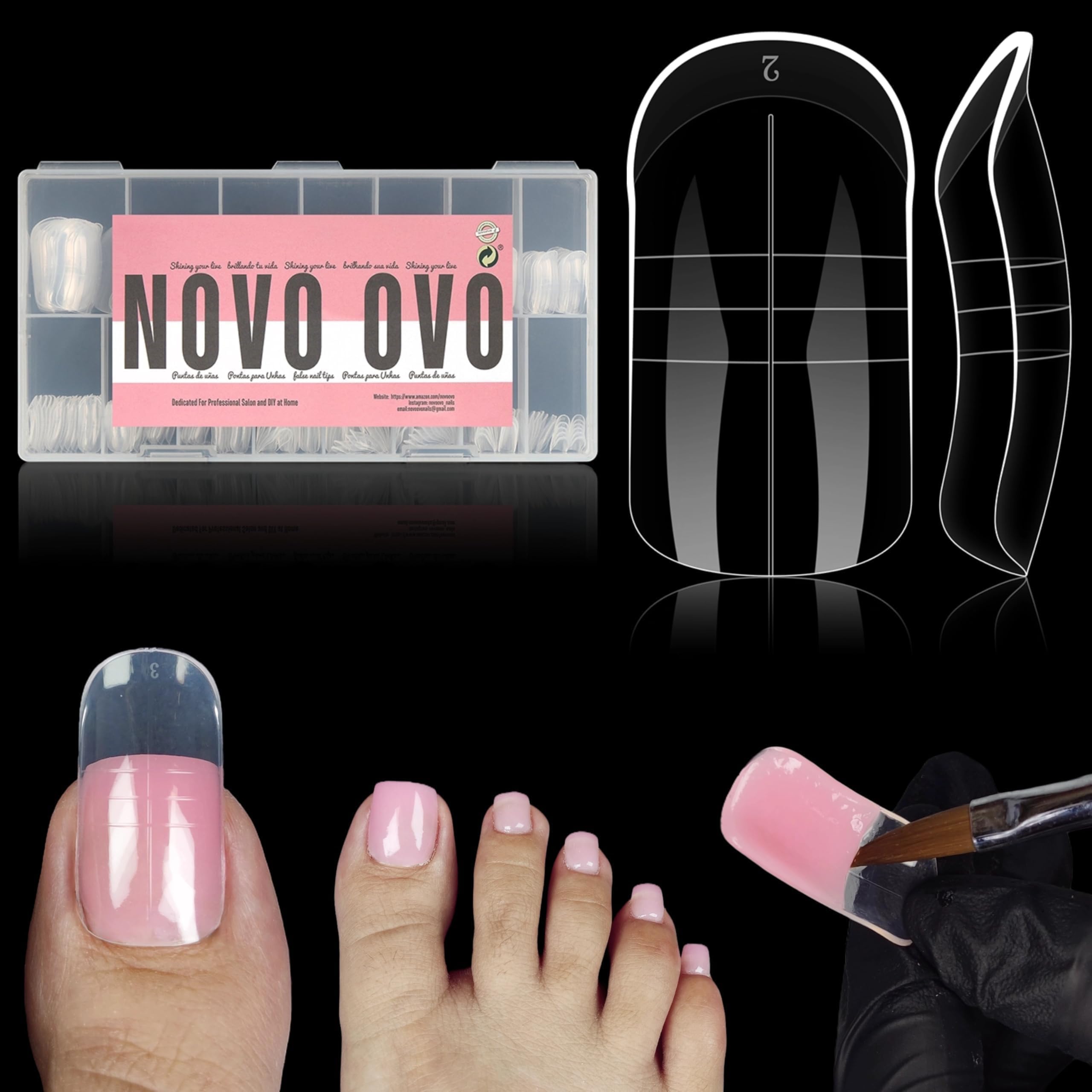 NOVO OVO front packaging showing 300 toe dual forms and clear counts benefit clarity