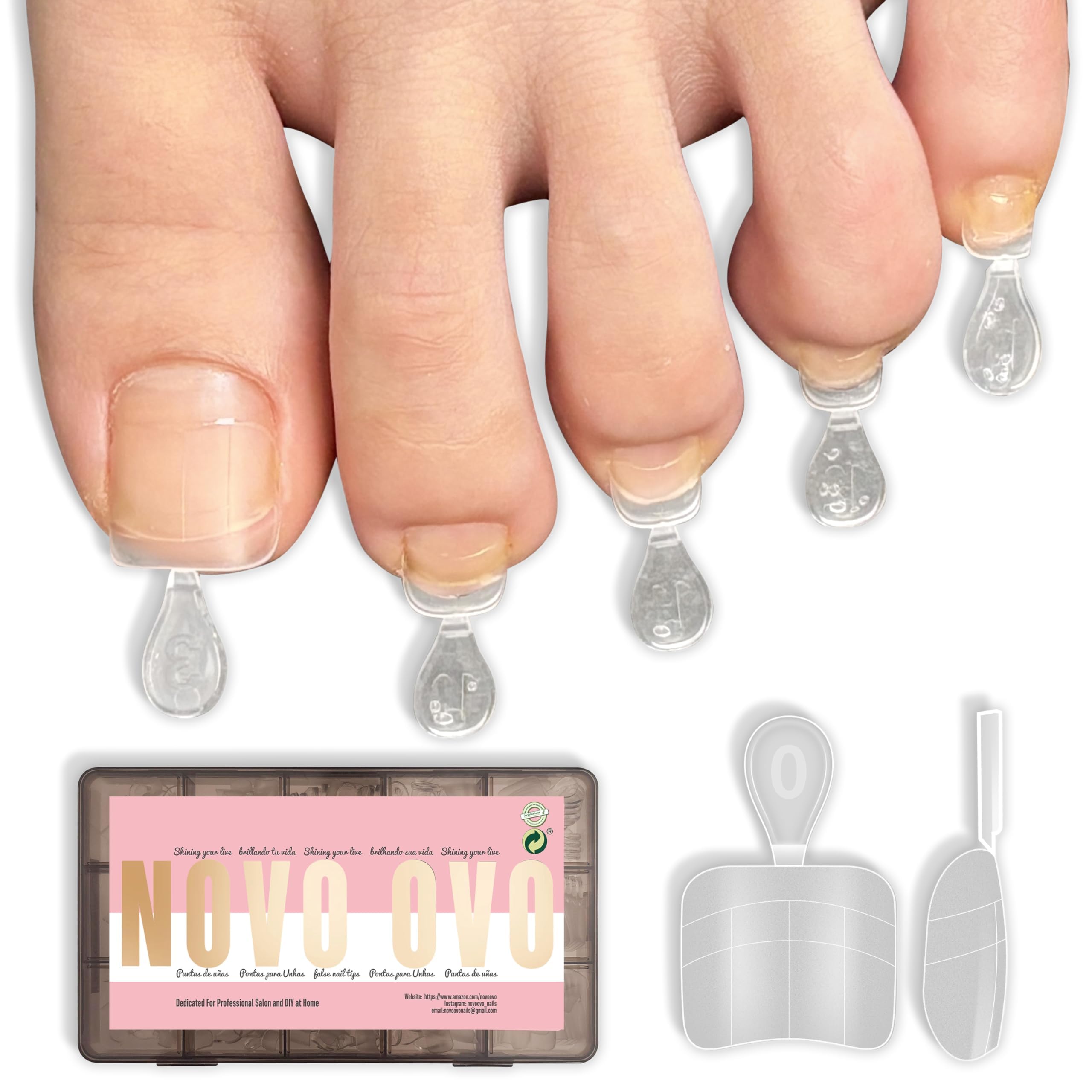 NOVO OVO front packaging showing 240 soft gel toe tips, clear kit benefit
