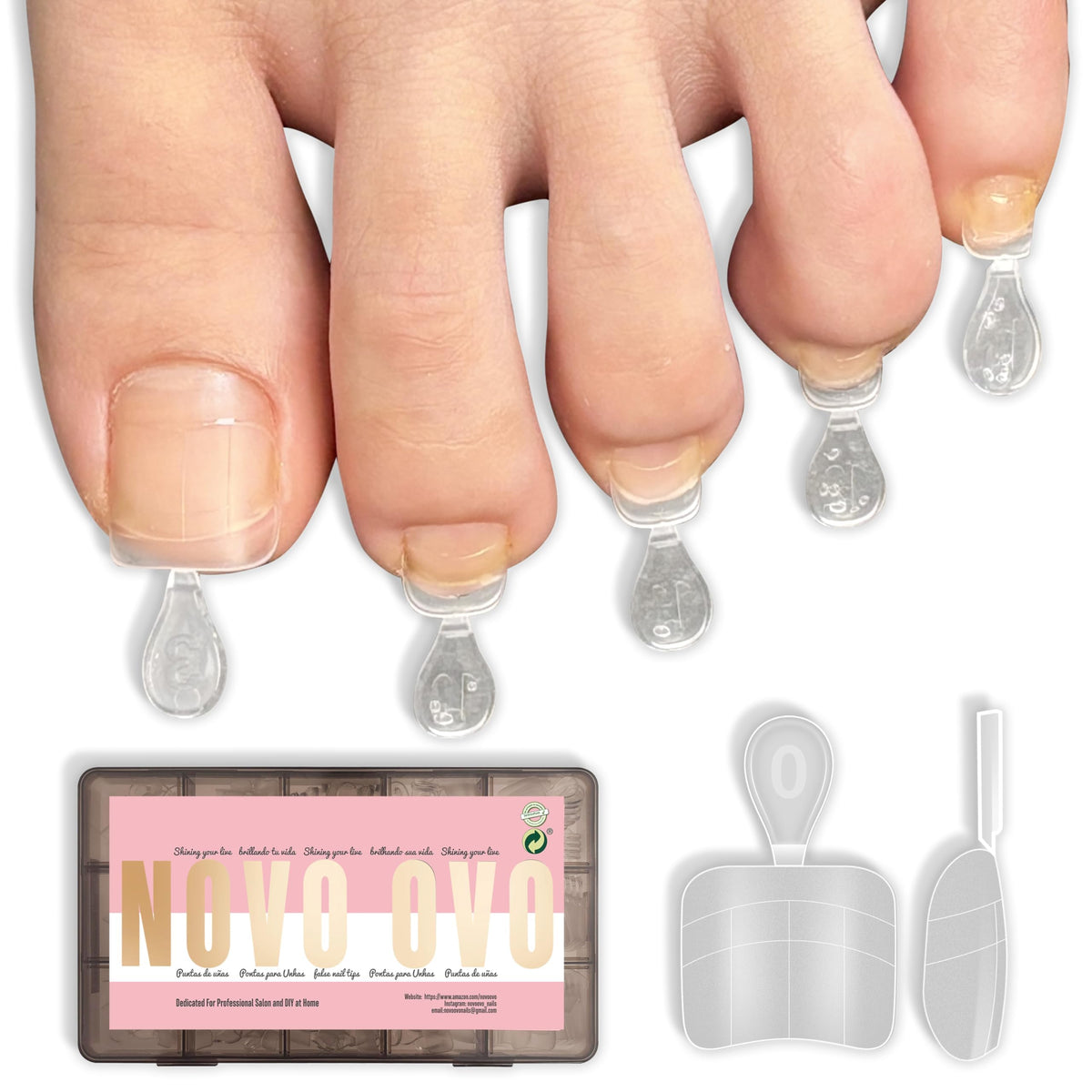 NOVO OVO front packaging showing 240 soft gel toe tips, clear kit benefit