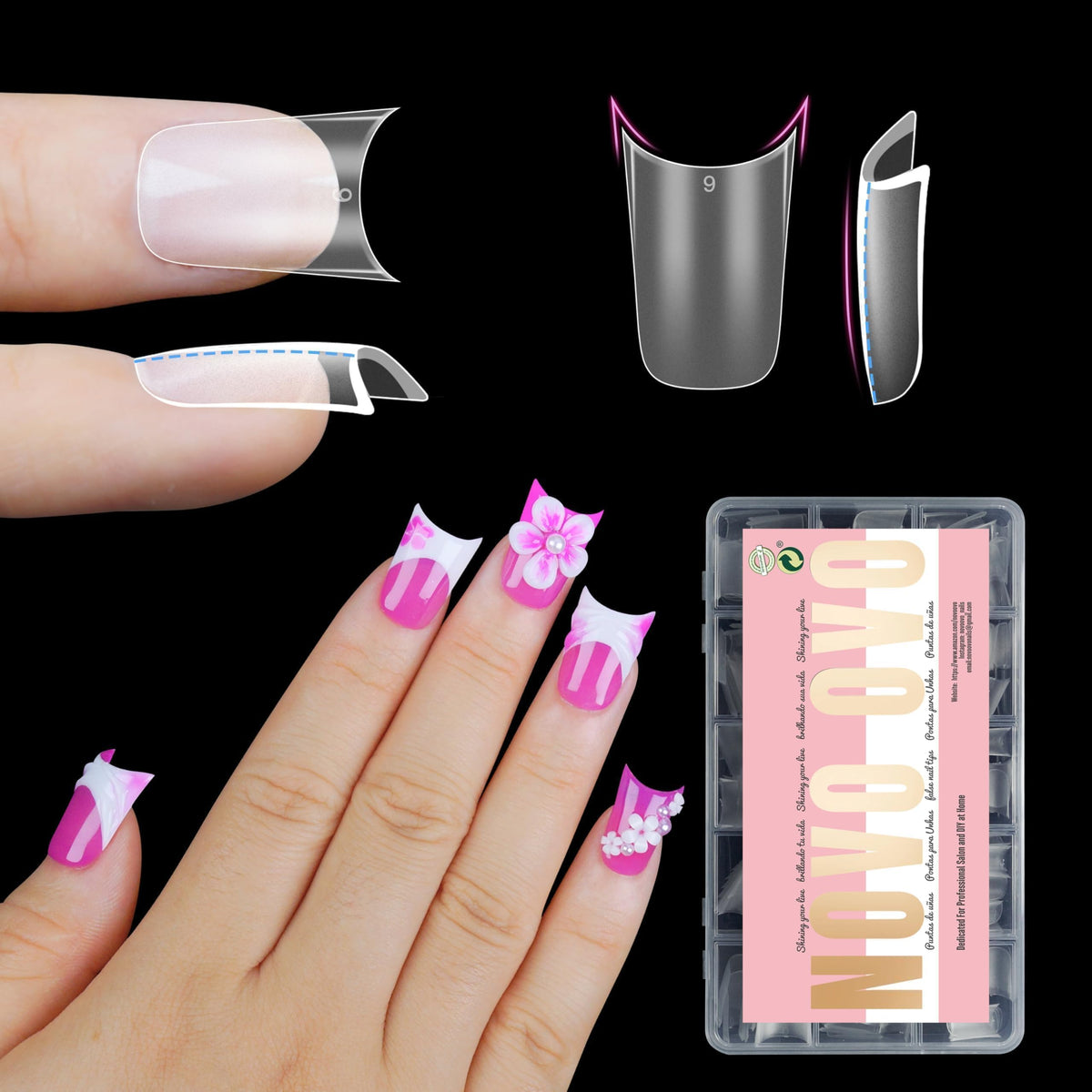 NOVO OVO front packaging showing 240 clear matte duck feet tips, convenient bulk supply