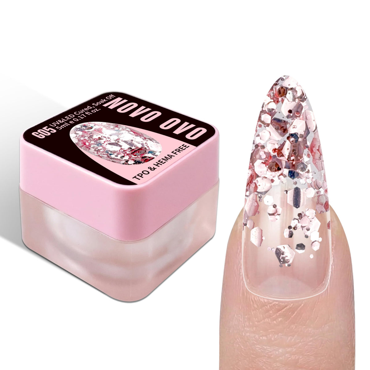 NOVO OVO front jar of G05 Rose Quartz showing compact 5ml packaging and portability