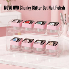 NOVO OVO swatch on nail showing dense pink holographic glitter and reflective finish