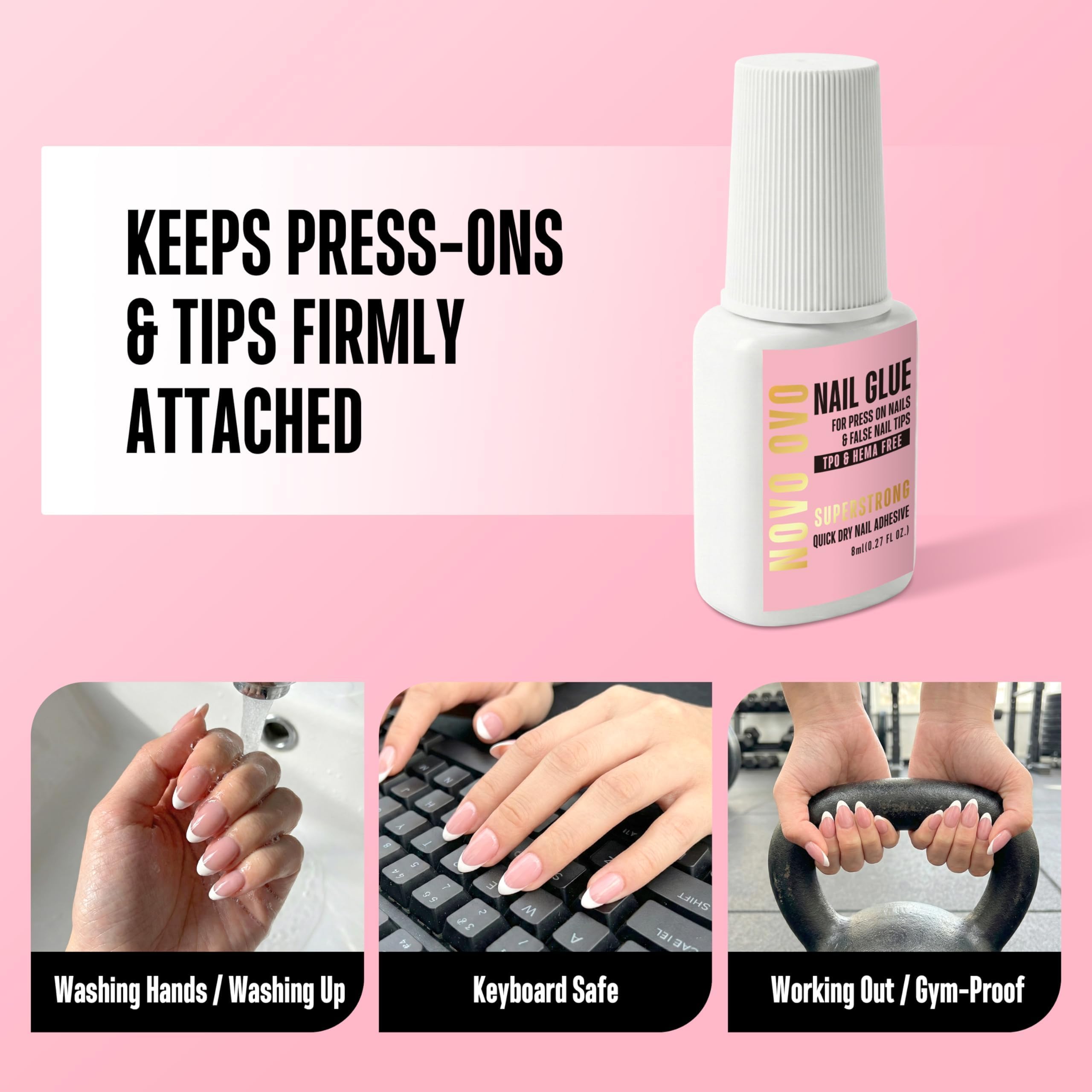 NOVO OVO glue being applied to press-on nail, quick dry for fast manicure