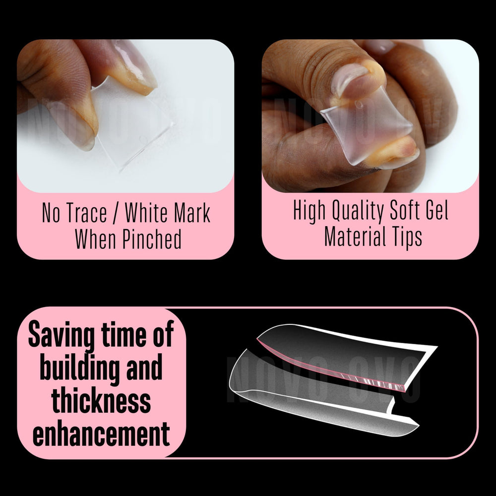 NOVO OVO tips being applied as press-ons for quick salon-quality results