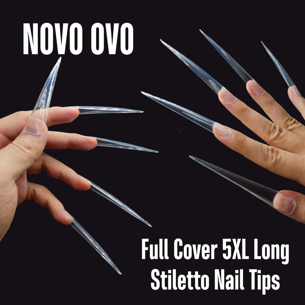 NOVO OVO painted French stiletto nails showcasing clean polish application