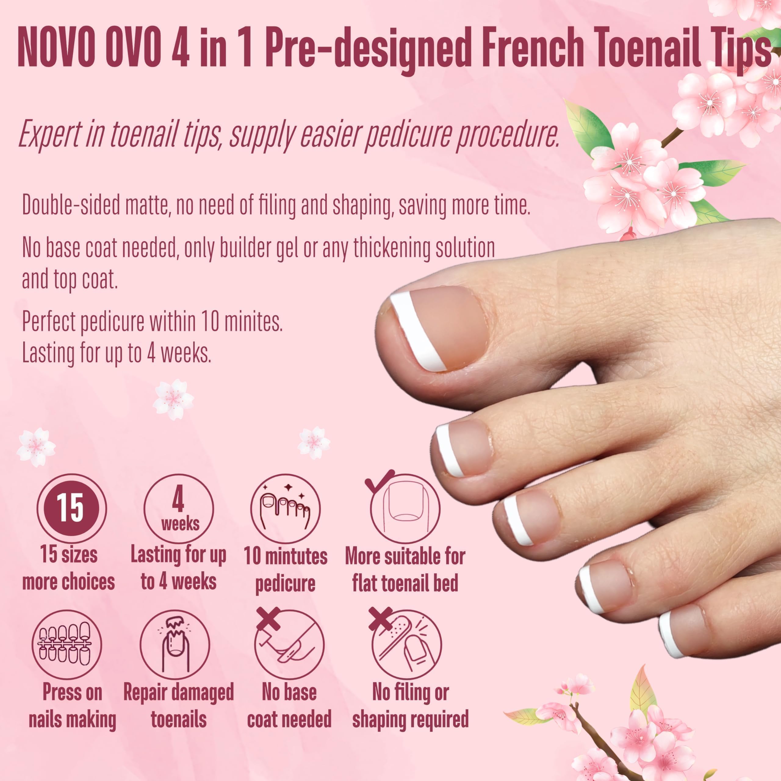 NOVO OVO size chart and 15 sizes displayed, ensures accurate fit and multiple pedicures
